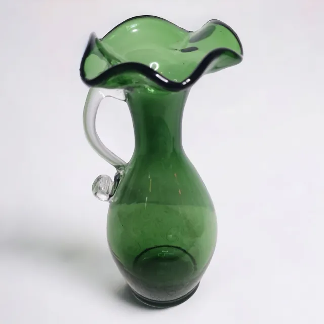 Green Glass Vase Pitcher Hand Blown Art Glass Transparent Ruffle Top Vtg 6 Inch