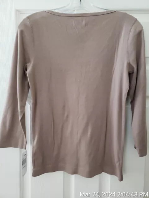 NWT Three Dots 3/4 Sleeve Taupe Tan British Tee Boat Neck Size M L 2