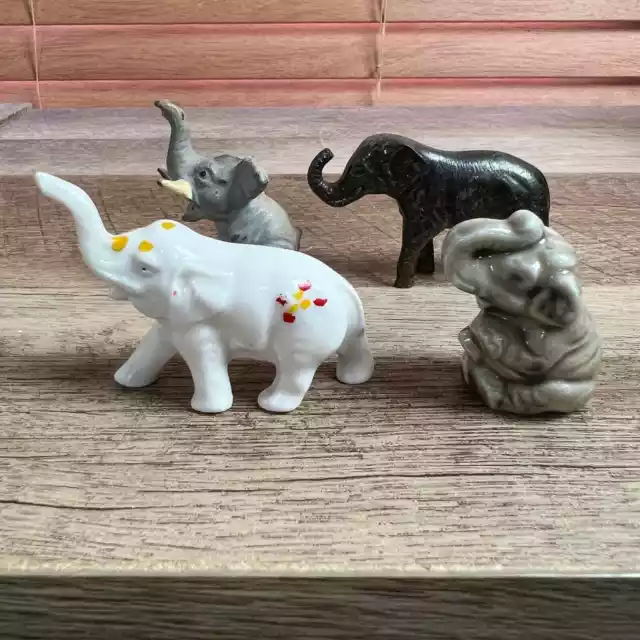 Lot of 4 Small Miniature Elephant Figurines Porcelain Metal Plastic Japan