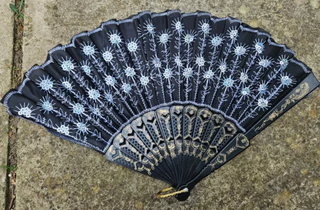 Silver & Black Peacock Style Ladies Folding Hand Summer Decorative Fan UK Seller