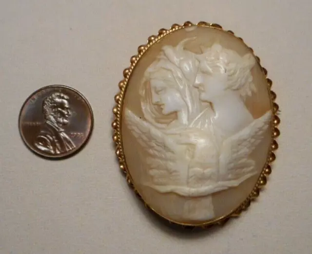 Old 14K Y Gold Italian Carved Shell Cameo Brooch Nyx & Eos? w Eagle of Zeus