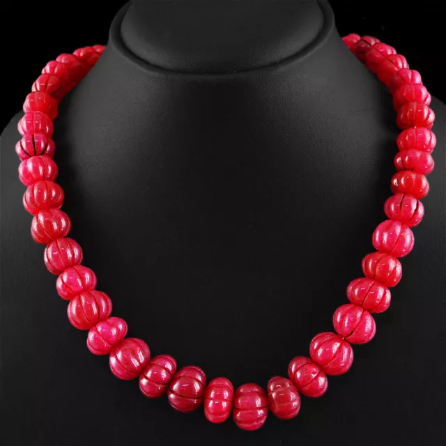 627.90 Cts Earth Mined Enhanced Ruby Round Shaped Carved Beads Necklace Strand