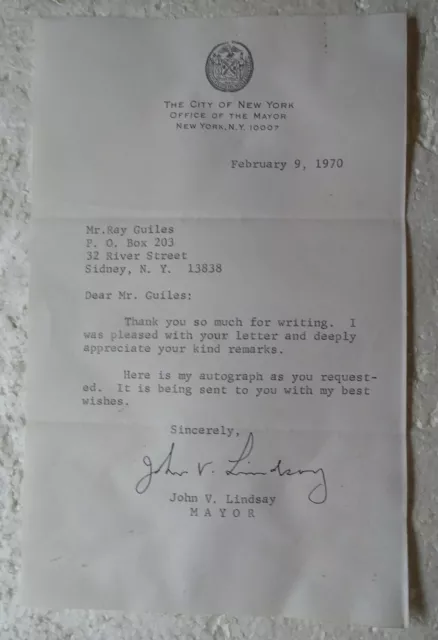 John Lindsay 1970 signed New York City Mayor letter (1972 President Candidate)