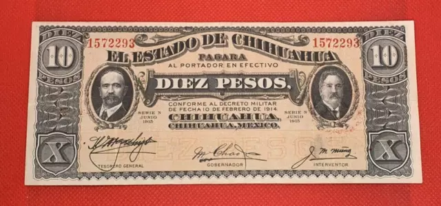 1915 10 Diez Pesos Estado De Chihuahua Mexico Revolutionary Banknote Xf Serie N