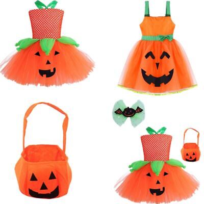 Girls Halloween Pumpkin Costume Tutu Dress Bowknot Clip Candy Bag Cosplay Suit