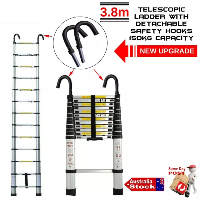 3.8M Telescopic Aluminium Ladder With Safety Hooks Extension Anti-skid Step 2