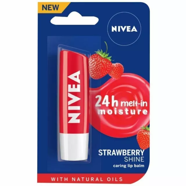 Bálsamo labial brillante fresa Nivea -24h humedad con aceite natural, 4,8 g...