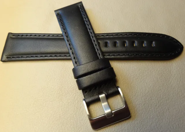 Vera Pelle Nero Imbottito 22mm Smartwatch Cinturino Acciaio Inox Fibbia