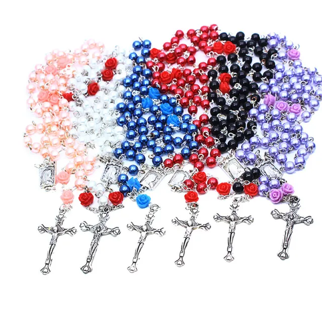 Fashion Christian Glass Beads Pendants Cross Rosary Collier Collier Accessoires