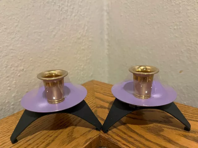 Eames Era Purple Black Gold Space Age Atomic MCM Metal Candle Holders (2) NEW