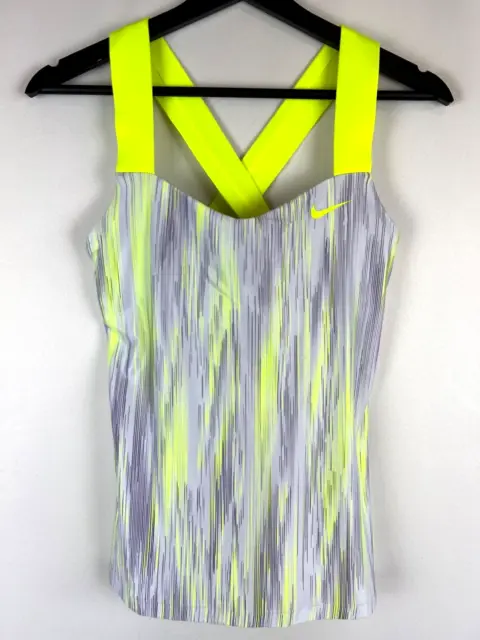 Nike Women's Neon Yellow Gray Striated Cross Back Shelf Bra Fitness Top Small S