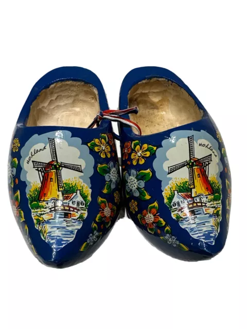 Vintage Wooden Dutch Souvenir Shoes Clogs Handpainted Windmill & Florals Holland