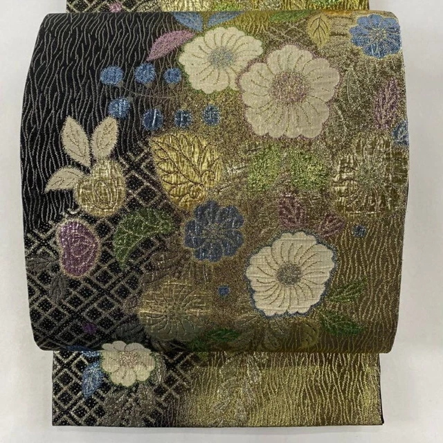 Japanese Kimono Obi Pure Silk Grass Flowers Foil Gold Black Rokutsu Formal