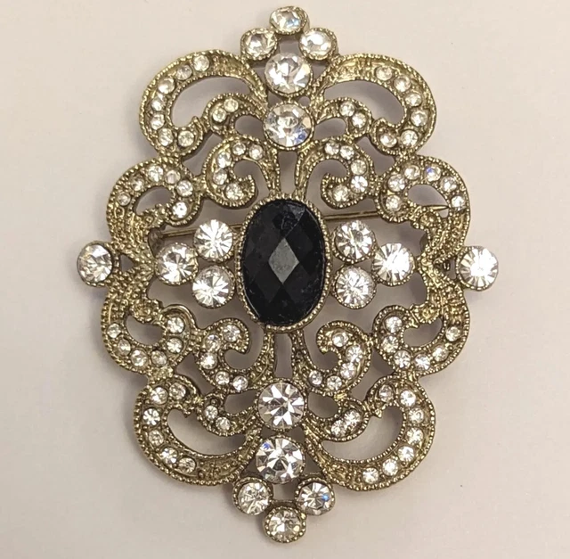VTG MONET Brooch Pin Rhinestone Art Deco/Noveau Ornate Victorian Classic Golden