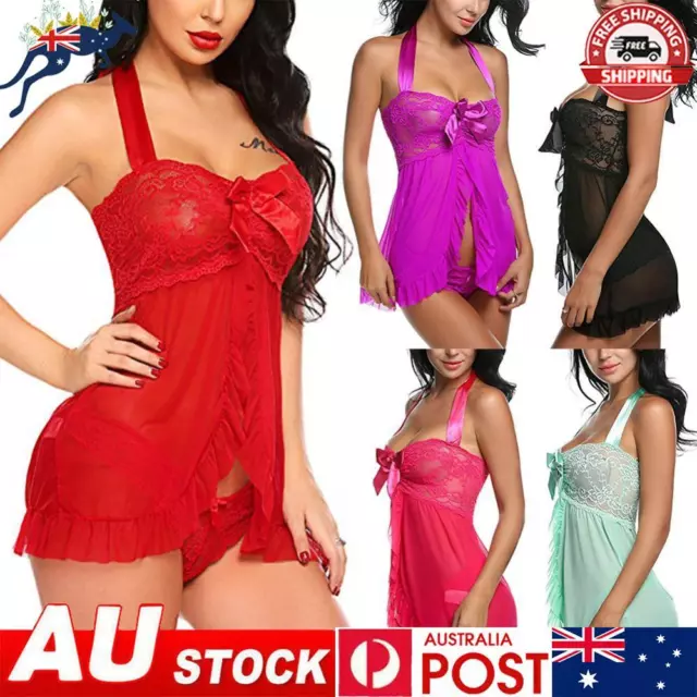 Women Halter Lingerie Lace Babydoll Mesh Ladies Sexy Underwear Hollow Nightwear