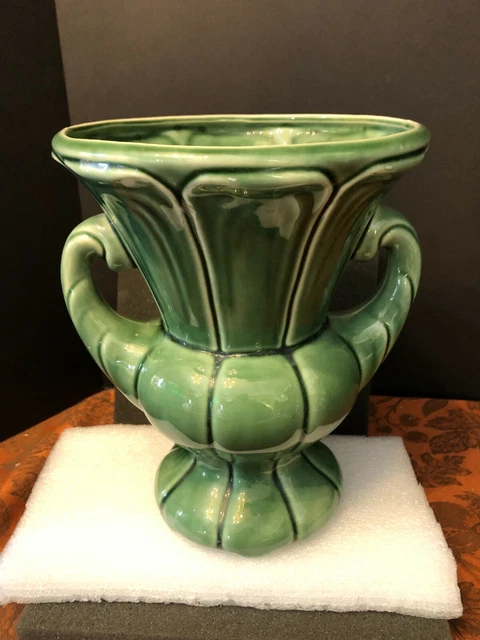 Green Glazed Pottery Urn Planter Vase Double Handle Vintage USA - Excellent