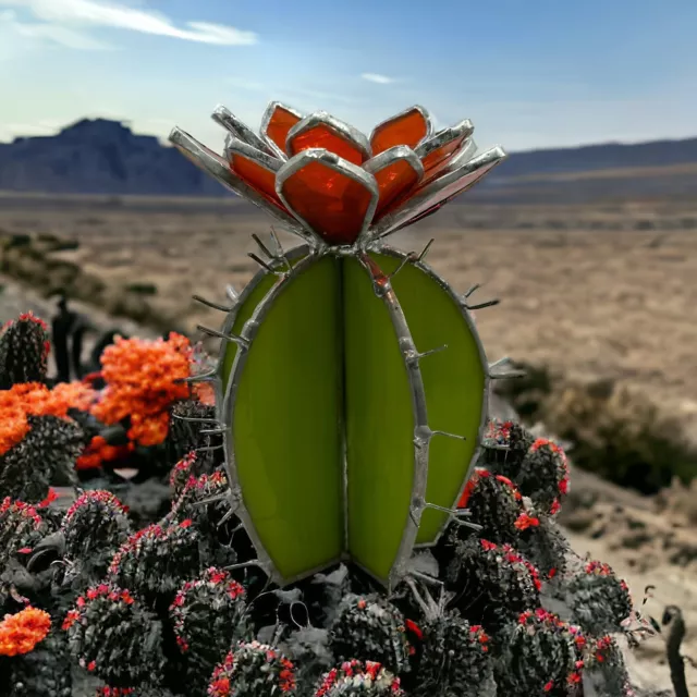 Stained Glass Cactus With Orange Flowers