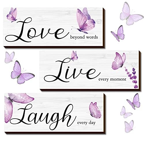 Roowest 3 Pcs Wood Purple Butterfly Live Love and Laugh Sign Wall Decor