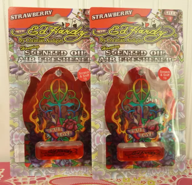 2 Ed Hardy Hanging Scented Oil Car Air Freshener - Strawberry Auto