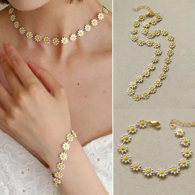 Daisy Flower Necklace Choker Bracelet Earrings Long Chain Women Jewellery Gift