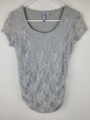 Planet Motherhood Maternity Shirt Women's Sz M Gray Short Sleeves Lace Stretch