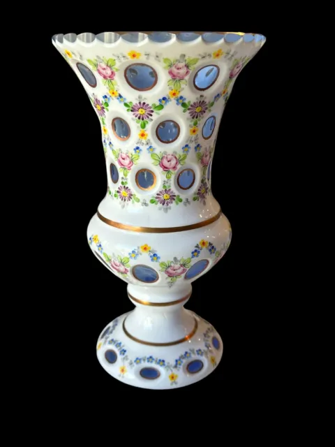 Vtg 9” Bohemian Czech Cased Vase White Cut to Colbolt Blue Handpainted Floral 1