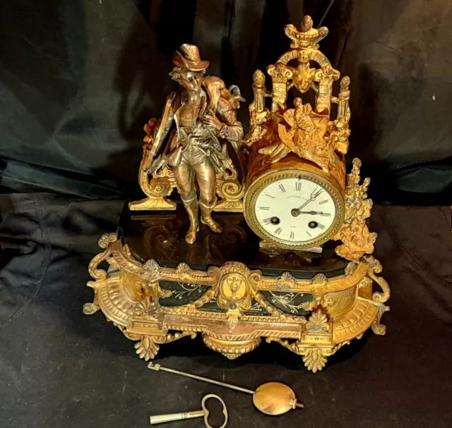 Ancienne Pendule Marbre Noir Et Regule Art Nouveau