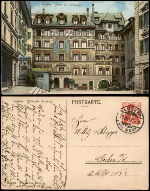 Ansichtskarte Luzern Lucerna Hôtel des Balances 1912