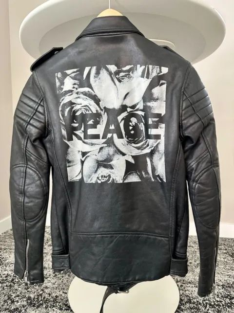 BLK DNM Designer Black Leather Moto Jacket w/ PEACE Print in White #RN139511