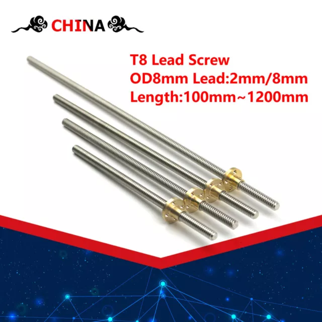 T8 lead screw OD8mm Lead 2mm/8mm 100mm~1200mm Rod Stainless Lead Screw+Brass Nut