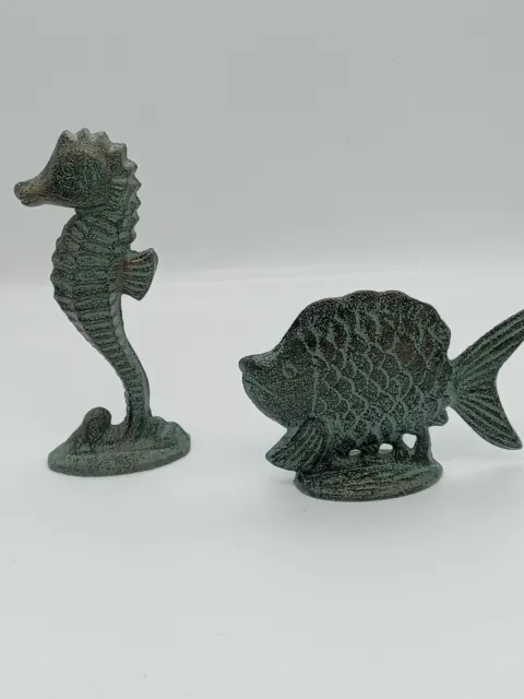 Set of 2 Vtg Green Metal Seahorse and fish cast iron beach themed figurines.