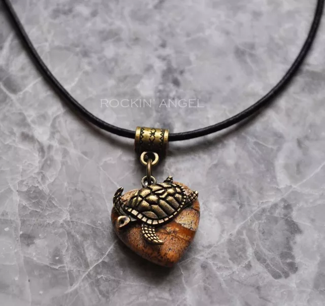 Natural Picture Jasper Heart & Turtle Pendant Necklace Marine Biology Sealife