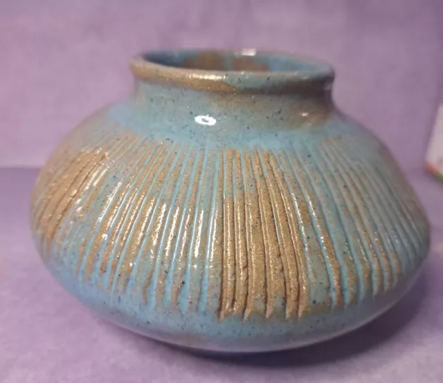 Glazed Pottery Handmade Ceramic Blue Artisan Signed Art Decor Mid Century