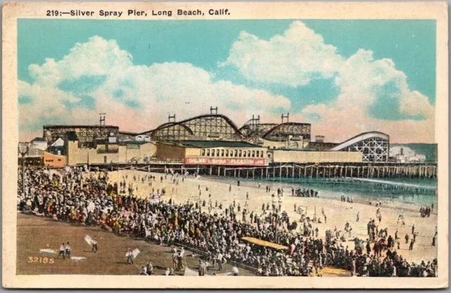 1920s Long Beach CA Postcard SILVER SPRAY PIER / Bathing Beach / Roller Coaster