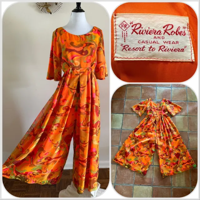 1970s Riviera Robes Palazzo Jumpsuit Tropical Resort Hostess Dress Groovy VTG