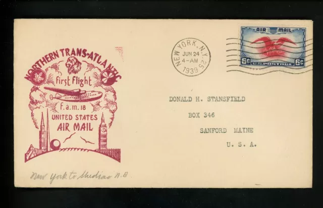 US Postal History Airmail FAM 18 New York NY to NY to Shediac NB Canada 1939