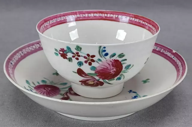 British New Hall Hand Painted Pattern 3 Floral Tea Bowl & Saucer C. 1782-1787