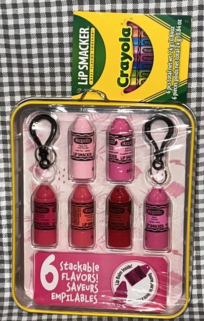 Crayola Lip Smacker Mini Lip Balms 6 Stackable Flavors In Tin, 2 Keychain Clips.
