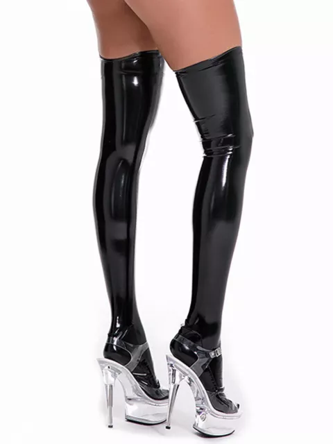 Womens Faux Leather Shiny Metallic Thigh High Stockings Latex Rubber Long Socks