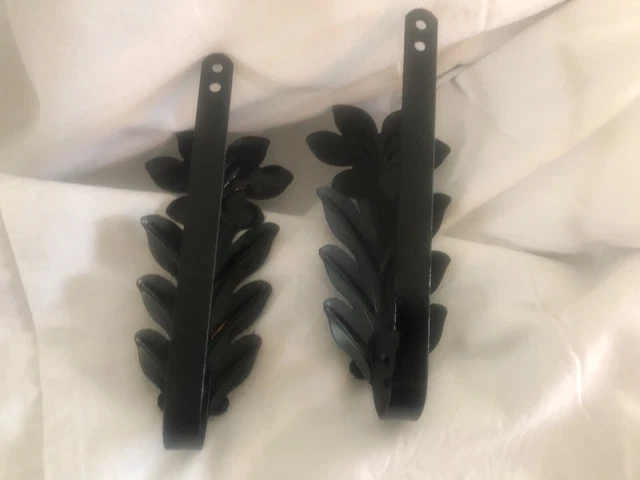 Vintage  Drapery Curtain Pull Back Ties  Embossed Metal Black Gloss Leaf Floral 5
