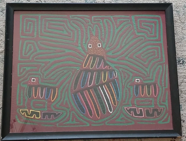 Vintage Mola Kuna Folk Art Panama, Framed Beautiful Colorful Red Green 3 Animals