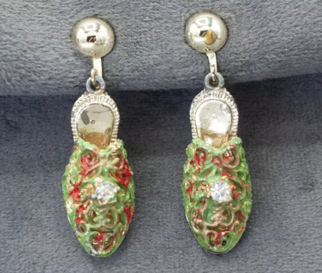 Vintage Silver Dangle Asian Green Red Slipper Shoes Earrings 3