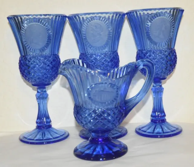 Set of 4 Avon Fostoria Martha & George Washington Goblets & Pitcher Cobalt Blue
