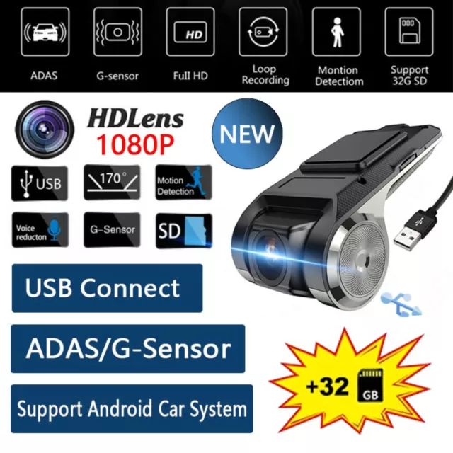 1080P HD Coche DVR Cámara Grabadora 170° ADAS Dashcam Sensor G Versión Nocturna 32G TF