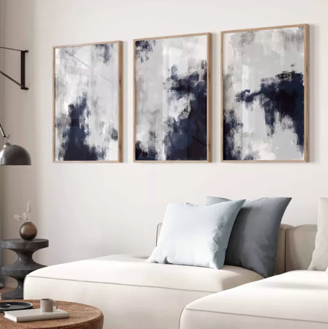 Set of 3 Modern Wall Art Navy Blue White Grey Abstract Art, Minimal Picture Home