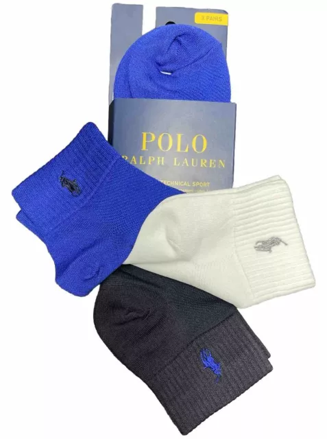 Polo Ralph Lauren Men Navy,White,Blue Athletic Technical Sport Quarter Socks 3Pk 2