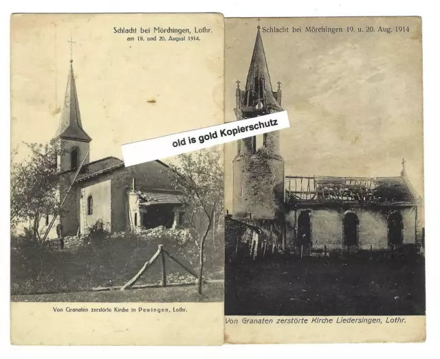 2 Postkarten Fotos WK1 Schlacht bei Morhange zerstörte Kirchen 1914 4846