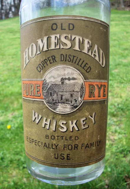 Labeled Pre Pro Old Homestead Copper Distilled Whiskey Bottle Ohio, N.h. Mass.