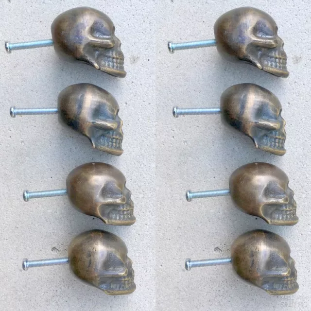 8 small Skull Drawer Gothic Finger Pull Solid aged Brass 1.3/4" knobs drawers B