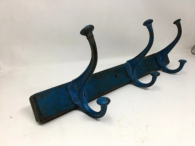 Old Wooden Brass Coat Hanger Hook Blue Painted Wall Fix Tie Hanger Hand Crafted 5